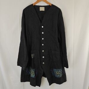 VTG Blue Fish RARE 100% Linen Hand Printed Coral Button Up Black Shirt Size 1